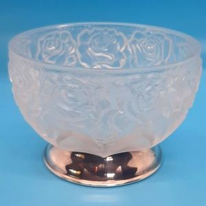 Vintage William Adams Frosted Rose Crystal Bowl Silver Plated Foot Stand Italy